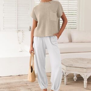 2 pc Outfits Knit Sweater Vest Crop Ribbed Sleeveless Top and Lounge Ivory Pants